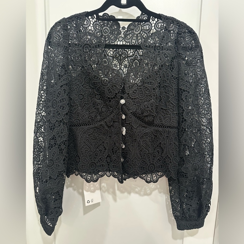 Self-Portrait Lace Puff-Sleeve Blouse, Size US6